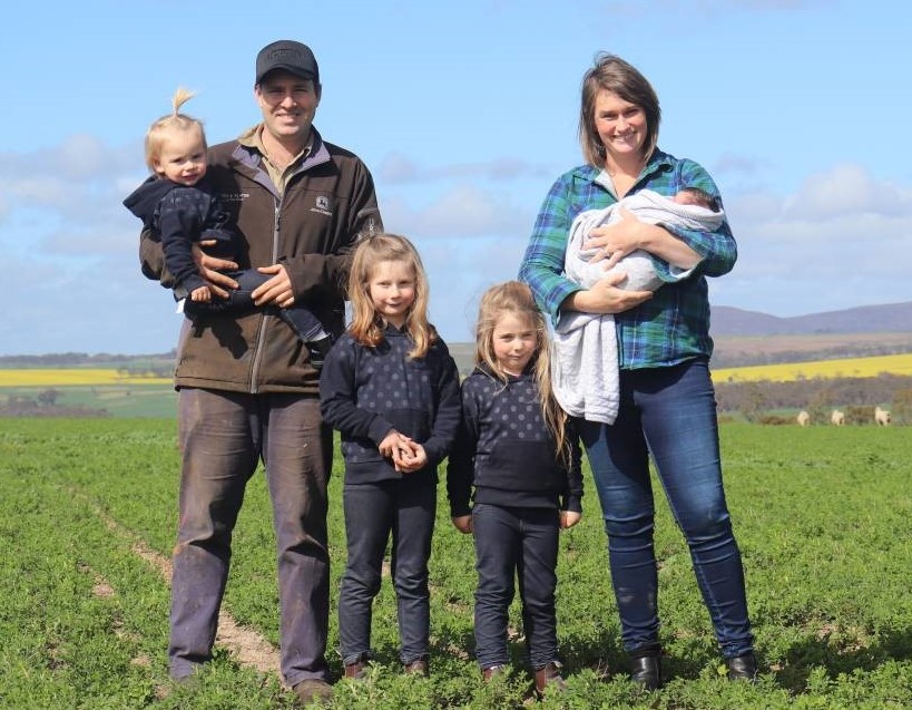 The O'Meehan family - Myles (left), daughters Annabelle, Maggie, Lilly, wife Emily and son Max at Caralinga Farms, Borden, WA. 